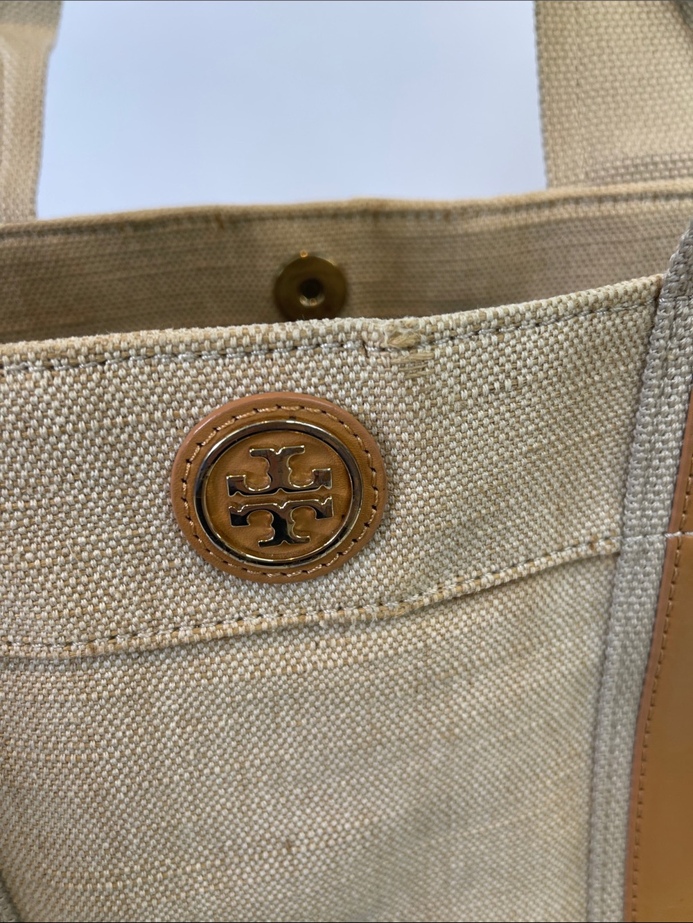 Tory Burch Ella Canvas Tote Beige Natural Canvas Leather Trim Small Tote Bag - Picture 12 of 15